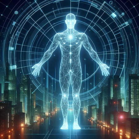 Digital human body hologram over city background. 3D Renderingの素材