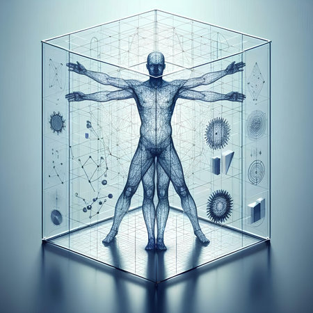 3d rendering of a human body in a cube on a blue backgroundの素材