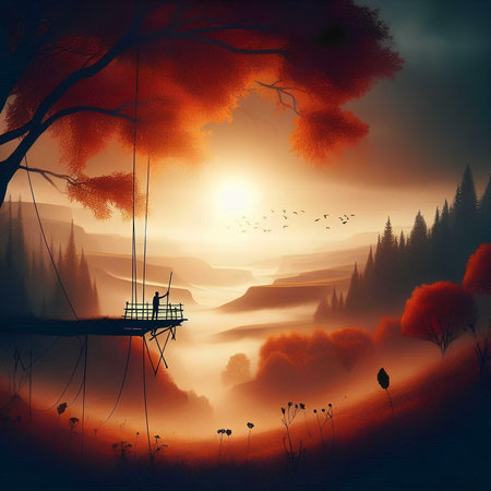 Fantasy landscape with a swing in the misty morning. Vector illustration.の素材