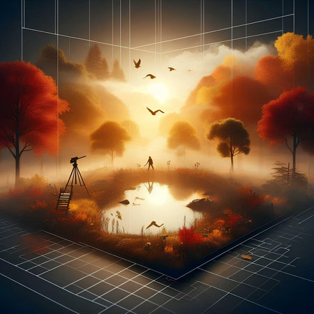 Foggy autumn landscape with lake and birds. 3d renderの素材