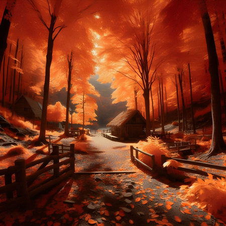 Autumn landscape in the forest. Digital painting. Illustration.の素材