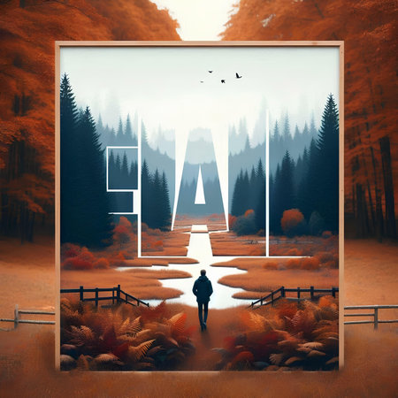 Fairytale landscape with a man in the middle of the forestの素材