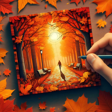 Autumn landscape with falling leaves and human hand drawing a picture.の素材