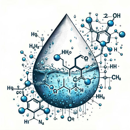 Water drop with chemical formula and molecular structure. Vector science illustration.の素材