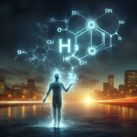 Digital composite of 3D human figure with chemical formula over city backgroundの素材