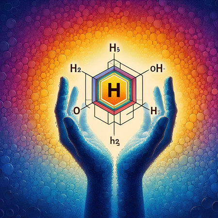 Hands holding a chemical formula in front of a colorful background.の素材