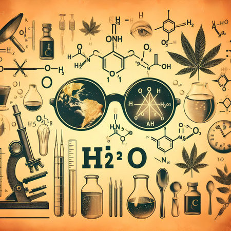 Scientific chemistry background. Chemical formulas, microscope, test tube, flask, flask, compass, cbd oil, cbd oil.の素材