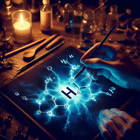 Close up of human hand drawing formula on tablet. Science and technology conceptの素材
