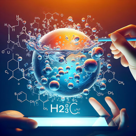 Close up of human hands using tablet pc with chemical formula. Science conceptsの素材