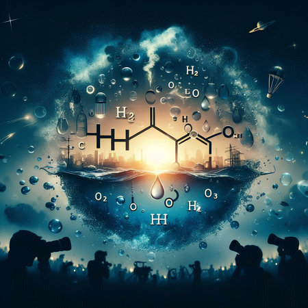 Science research and development concept as a group of scientists looking at a hologram of a chemical formula on a futuristic science background as a 3D illustration.の素材