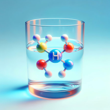 Molecule in glass on blue background. 3D illustration.の素材