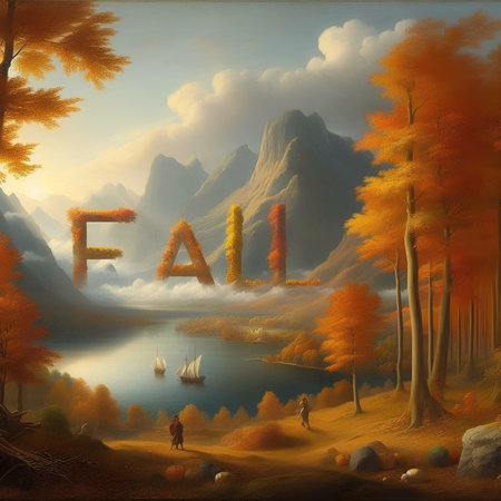Fall season with the word fall on the background of the autumn forestの素材