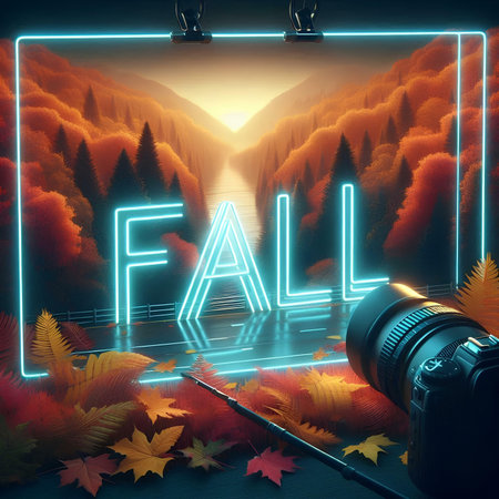 Autumn background with neon sign and camera. 3D rendering.の素材
