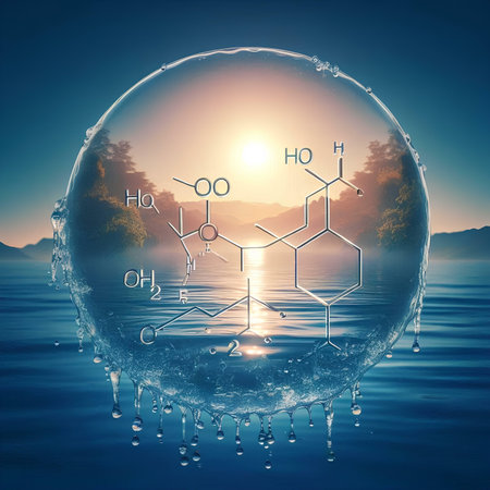Crystal ball with chemical formula on nature background. 3d rendering.の素材