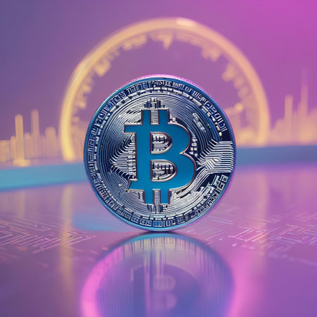 Bitcoin. Crypto currency. Physical bit coin. Digital currency. Cryptocurrency. Golden coin with bitcoin symbol on a colorful background. 3D illustrationの素材