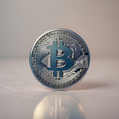 Bitcoin cryptocurrency coin on a reflective surface. 3D Rendering.の素材