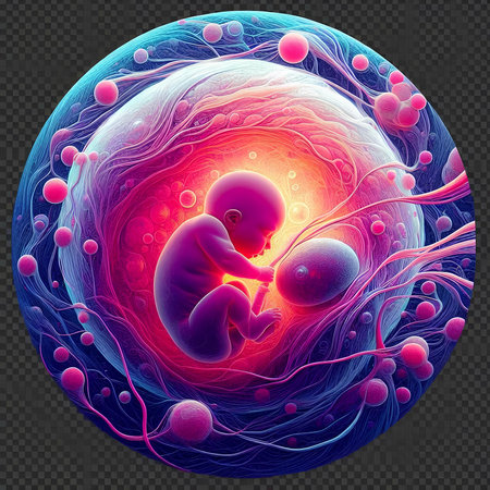 Human fetus and egg cell. 3D medical illustration. Human fetus and egg cell in the womb.の素材