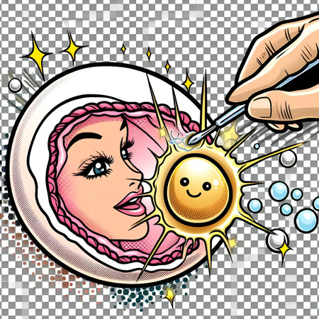 Funny cartoon girl with an egg on a transparent background. Vector illustration.の素材