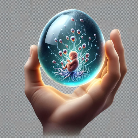 Human fetus inside a crystal ball in hand isolated on transparent background. 3d illustrationの素材