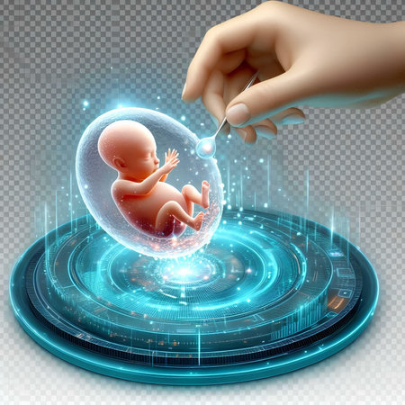 Human fetus in an egg cell on a futuristic background. 3d renderingの素材