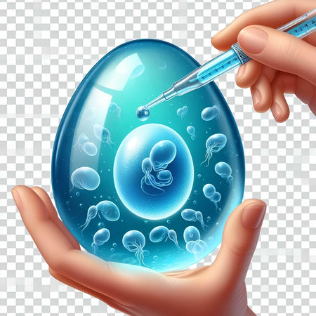 Human hand holding a syrinx and test tube with spermatozoons inside the egg. Vector illustration.の素材
