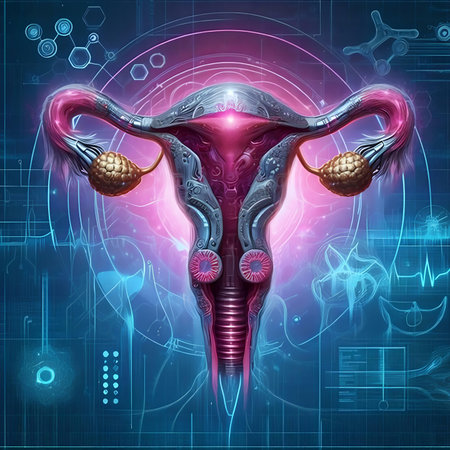 Digital illustration of Female reproductive system in colored background with visible organsの素材