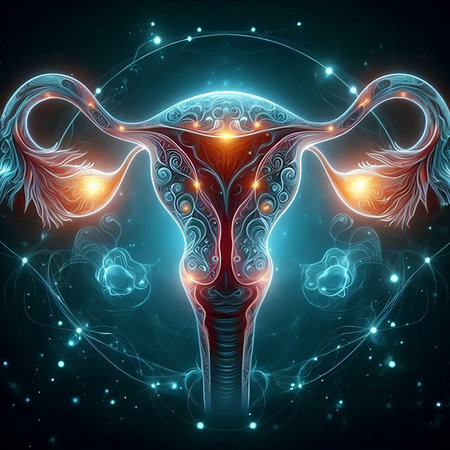 Digital illustration of female reproductive system with glowing lights on dark background.の素材