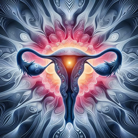 Digital illustration of a female reproductive system in colored background. 3D renderingの素材