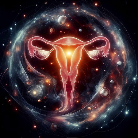 Female reproductive system. 3D illustration of female reproductive system in space.の素材