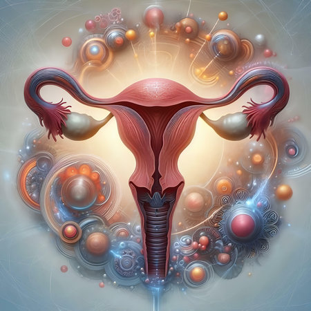 Digital illustration of female reproductive system in colored background. 3D renderingの素材
