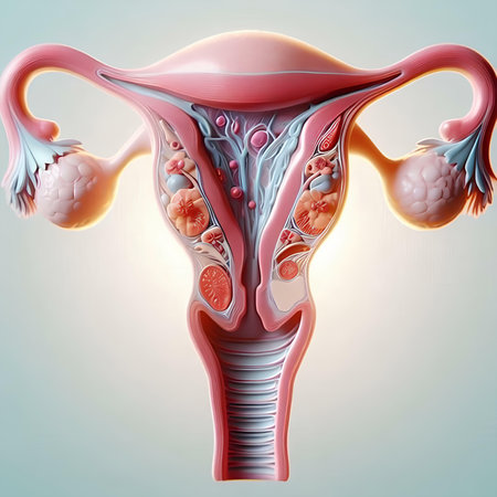 Female reproductive system with uterus and ovaries. 3D illustration.の素材