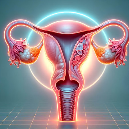 Digital illustration of female reproductive system in colored background. 3D renderingの素材