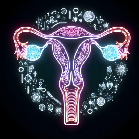 vector illustration of female reproductive system in neon style on a dark backgroundの素材