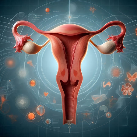 Digital illustration of Female reproductive system in colored background with medical elementsの素材
