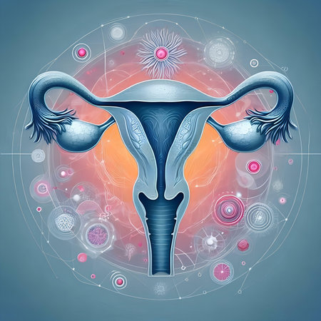 Digital illustration of Female reproductive system in colored background. Medical concept.の素材