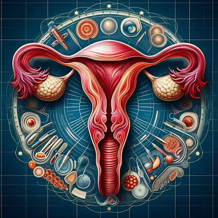 Female reproductive system on blue background with gynecological objects. Vector illustration.の素材