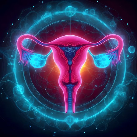 Digital illustration of human uterus in neon light. 3D medical illustrationの素材