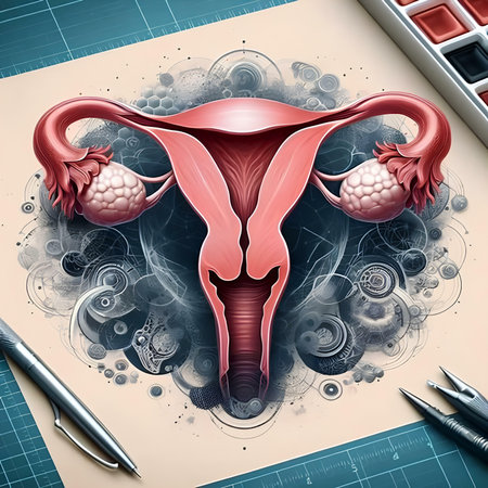 Digital illustration of Female reproductive system in colored background. 3D renderingの素材