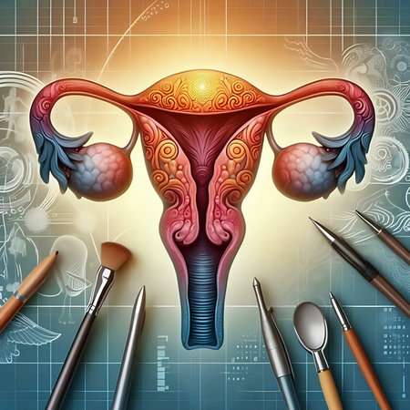 Digital illustration of uterus in colored background with toolsの素材