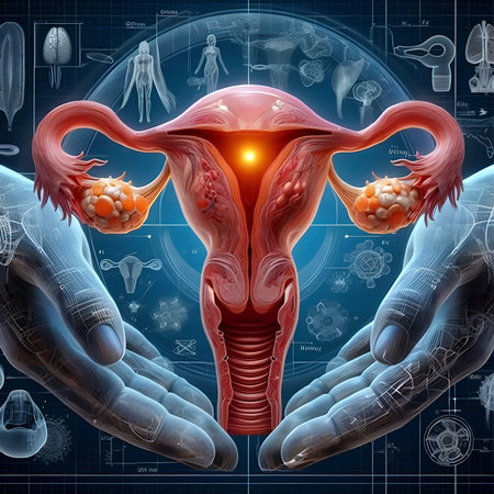 Digital illustration of Female reproductive system in colored background with medical iconsの素材