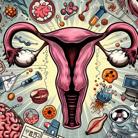 Vector illustration of a female reproductive system with various medical elements in the backgroundの素材