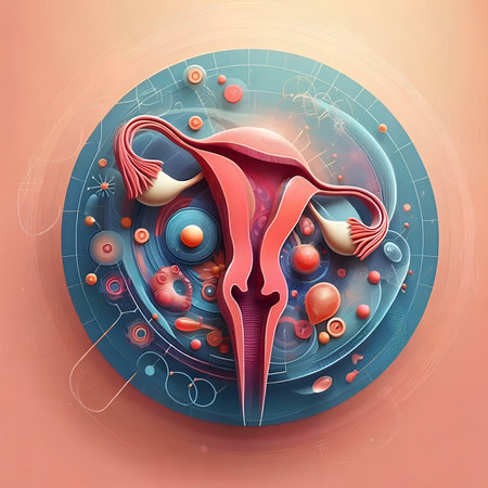 Digital illustration of female reproductive system in colored background. Medical and healthcare conceptの素材