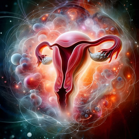 Digital illustration of Female reproductive system in colored background with copy space.の素材