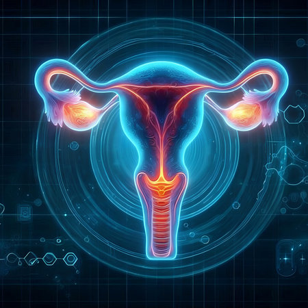 Digital illustration of female reproductive system in colored background. 3D renderingの素材