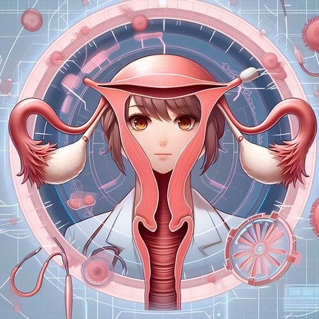 Illustration of a female doctor with a uterus and ovaries.の素材