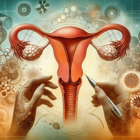Digital illustration of Female reproductive system in colored background with medical elementsの素材