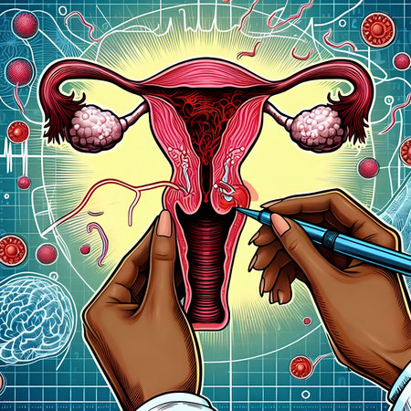 Female reproductive system with uterus and ovaries. Vector illustration in retro style.の素材