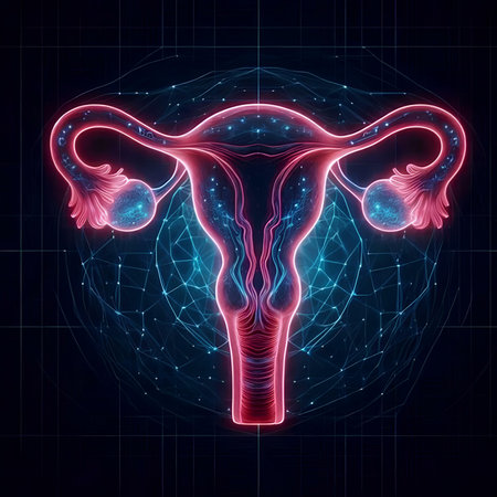 Digital illustration of female reproductive system on a blue background. 3d renderingの素材