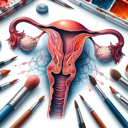 Digital illustration of Female reproductive system in colored background with paintbrushesの素材