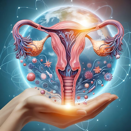 Female reproductive system in female hands, 3d illustration. Elements of this image furnished by NASAの素材